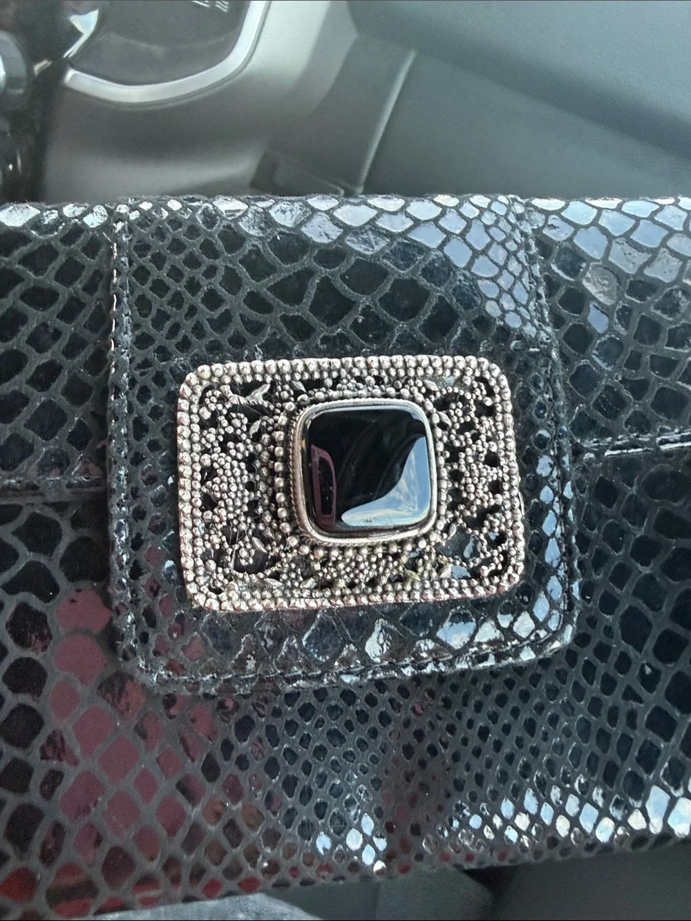 Black Snake-Embossed Gloss Clutch with Jeweled Buckle